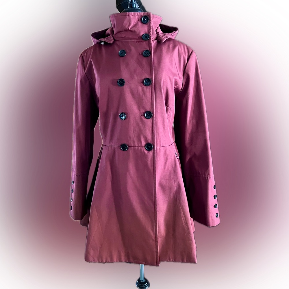 Calvin Klein double breasted, hooded, flared mid length burgundy colored coat